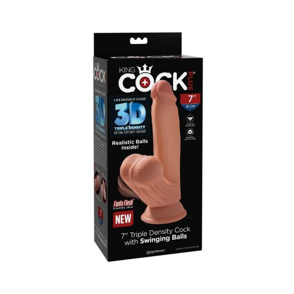 603912770551_1 King Cock Plus 7 In. Triple Density Cock With Swinging Balls Tan - Image 1