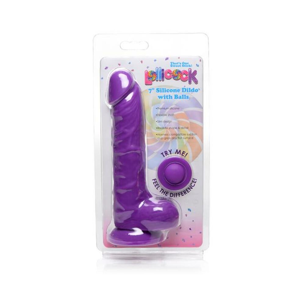 653078942279_1 Lollicock Silicone Dildo With Balls 7 In. Grape - Image 1