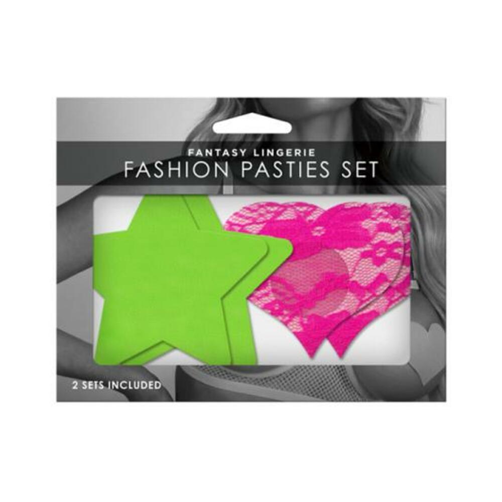 657447305849_1 Neon Pasties 2-pack Neon Green Solid Star Neon Pink Lace - Image 1