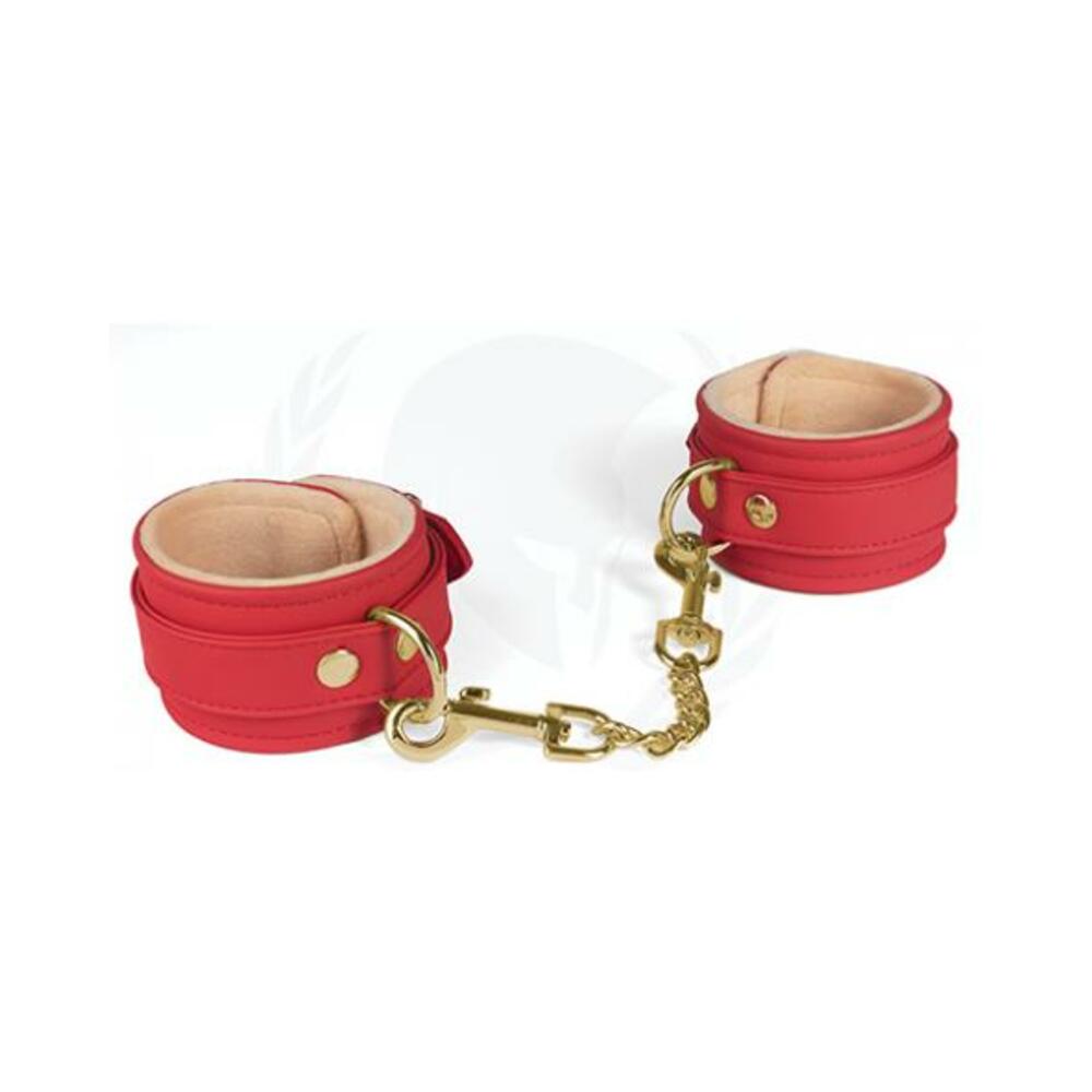 669729000199_1 Spartacus Red Pu Wrist Cuffs With Plush Lining - Image 1