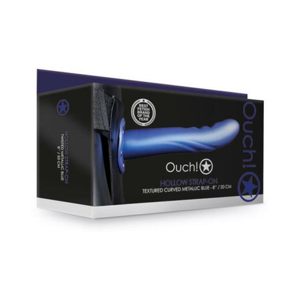 7423522655603_1 Ouch! Textured Curved Hollow Strap-on 8 In. Metallic Blue - Image 1