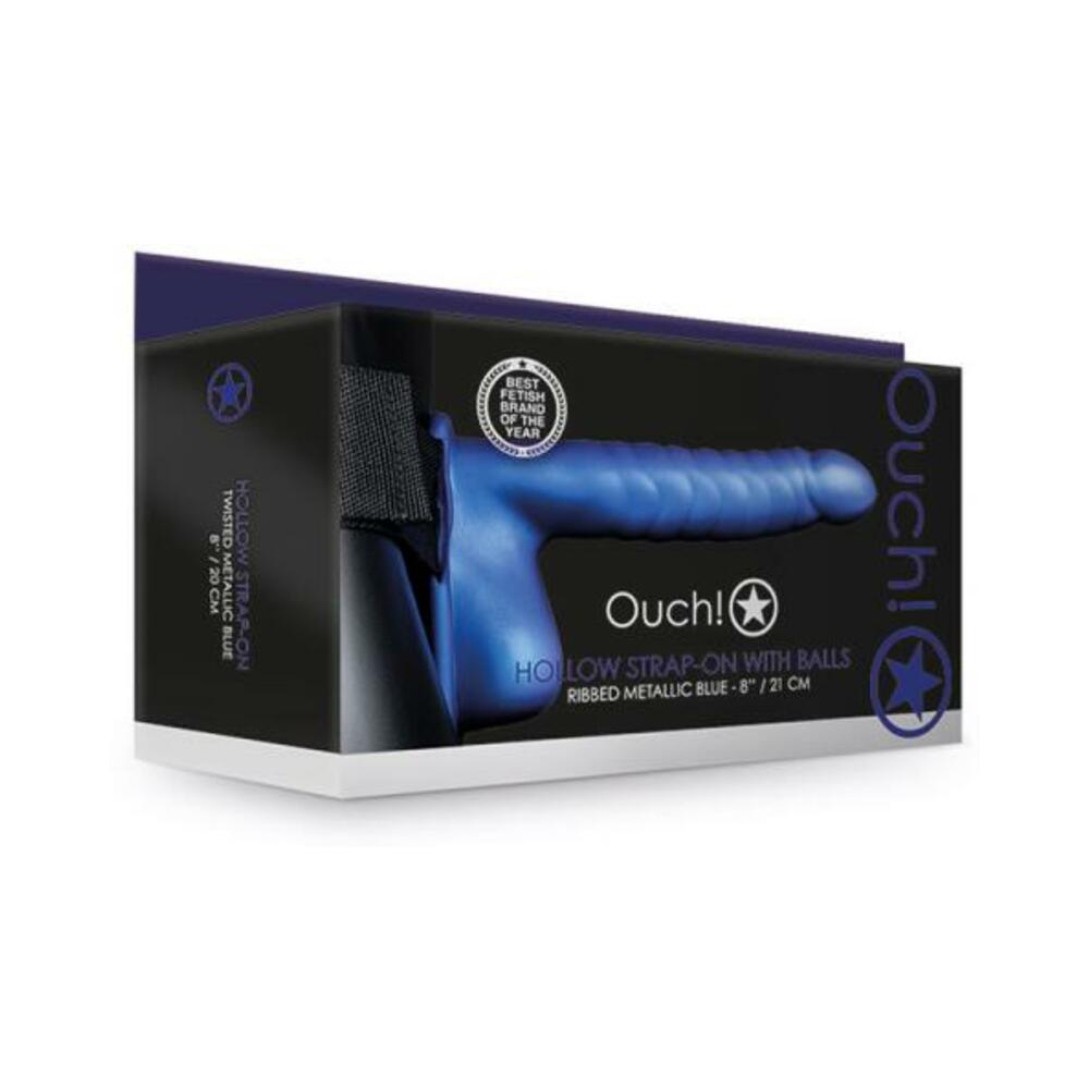 7423522655689_1 Ouch! Ribbed Hollow Strap-on With Balls 8 In. Metallic Blue - Image 1