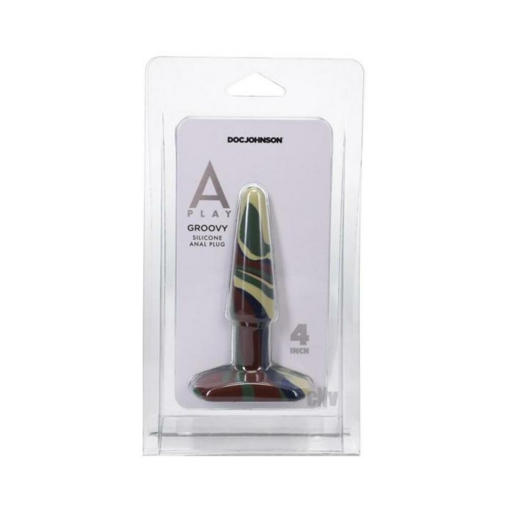 782421086633_1 A-play Groovy 4 In. Silicone Anal Plug Camouflage - Image 1