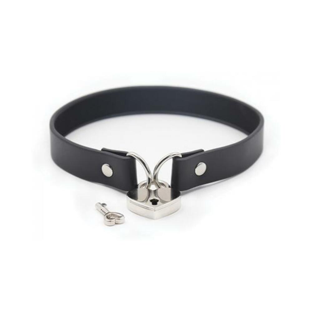 802991614194_1 Plesur Pvc Collar W/heart Lock - Black - Image 1