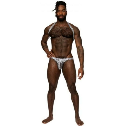 Male Power S'naked Shoulder Sling Harness Thong One-piece Silver/black S/m