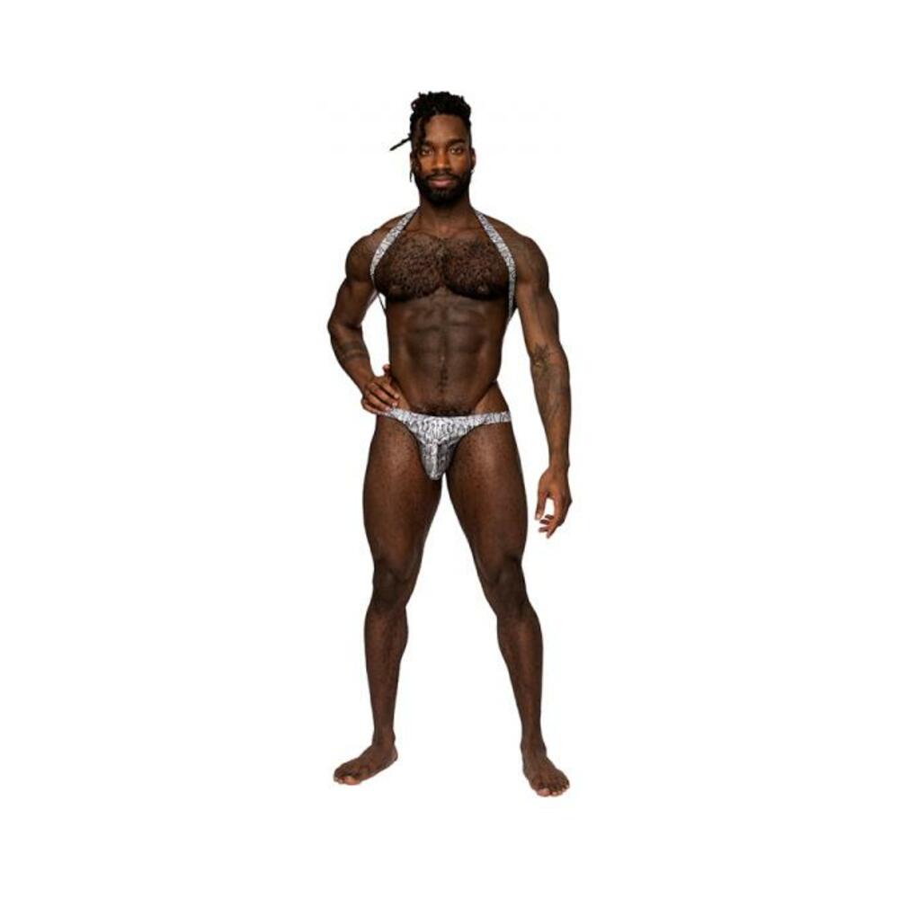 845830090308_1 Male Power S'naked Shoulder Sling Harness Thong One-piece Silver/black S/m - Image 1
