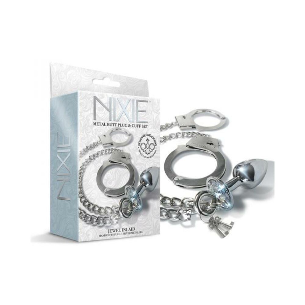 850010096865_1 Nixie Metal Butt Plug & Handcuffs Set Silver - Image 1