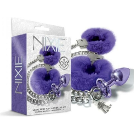 Nixie Metal Butt Plug & Furry Handcuff Set Medium Purple Metallic