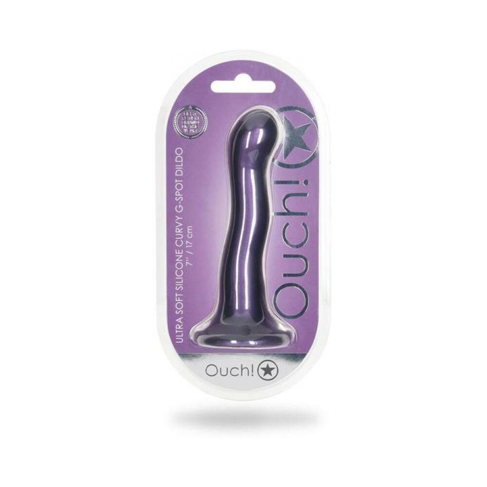 8714273493422_1 Shots Ouch! Ultra Soft Silicone 7 In. Curvy G-spot Dildo Metallic Purple - Image 1
