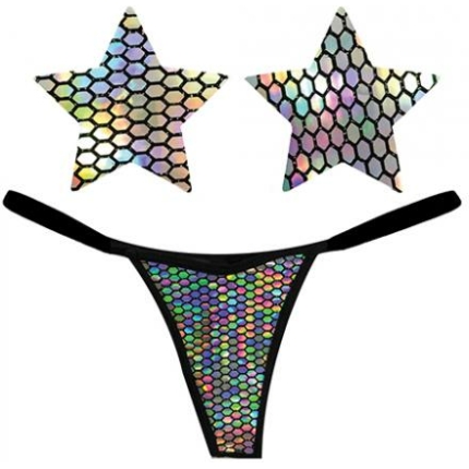 Neva Nude Naughty Knix Mirrored Mayhem Holographic G-string & Pasties - Black O/s