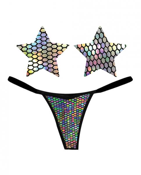 CNVELD-NN-GSTMIM64e9cdb3dc222 Neva Nude Naughty Knix Mirrored Mayhem Holographic G-string & Pasties - Black O/s - Image 1