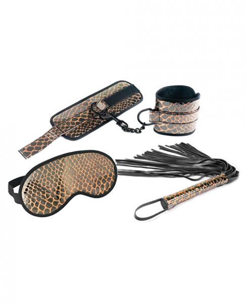 CNVELD-SPU-115GD5d8c8c9e71fe3 Spartacus Faux Leather Wrist Restraints Blindfold & Flogger Bondage Kit - Gold - Image 1
