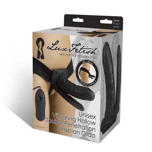 ELLF53055bb488c3b5c79 Unisex Vibrating Hollow Double Penetration Strap-On Dildo Black - Image 1