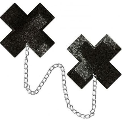 Pastease Chains Liquid Black X Cross W/ Chunky Silver Chain Nipple Pasties