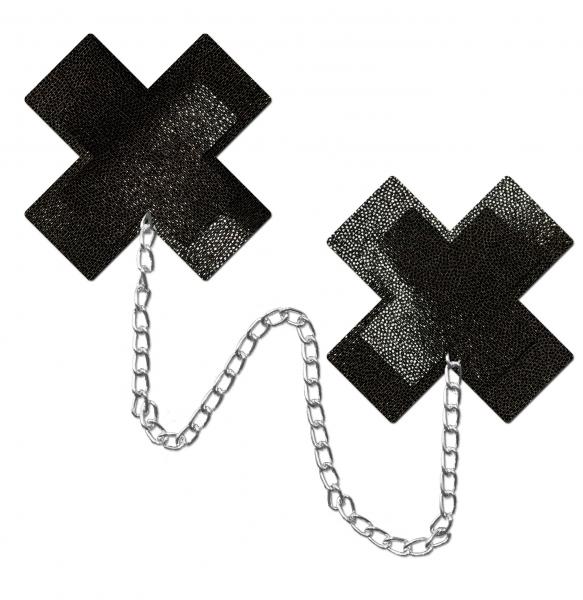 PASCHNPLSLQBK5fae5cfab2ee9 Pastease Chains Liquid Black X Cross W/ Chunky Silver Chain Nipple Pasties - Image 1
